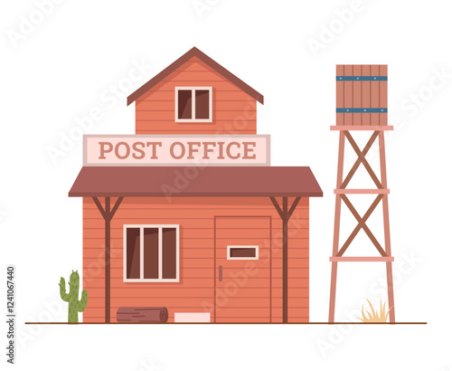 Post office facade, isolated exterior of wild west building. Vector flat cartoon mailing service front view. Landscape with cactus and prairie grass, tower with water tank barrel, typical architecture