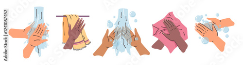 Personal hygiene of different nationalities, care for cleanliness. Vector isolated hands washing under fresh water with soap. Drying palms with clean textile and disposable paper towel