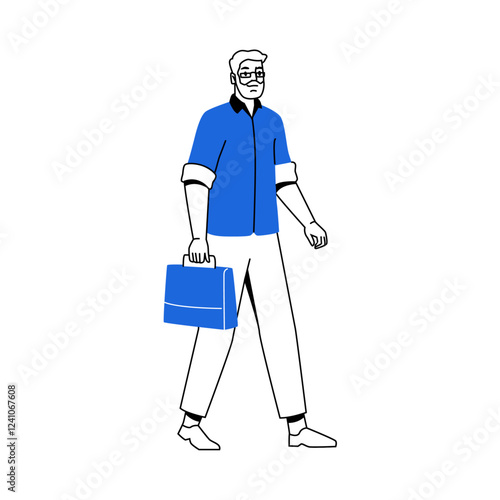 Walking senior male personage holding briefcase going to work. Vector isolated businessman wearing formal clothes and carrying bag. Strolling or moving character, resting and stepping out