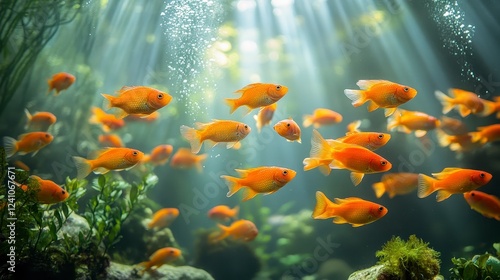 Sunlit aquarium, vibrant goldfish shoal, aquatic plants, peaceful underwater scene, ideal for relaxation themes photo