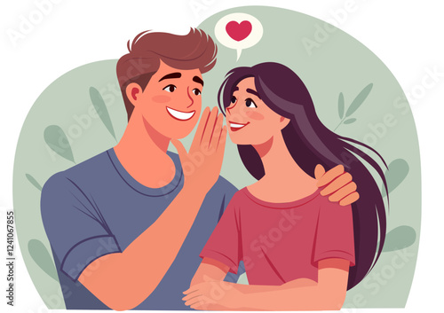Flat vector illustration. A young man whispers that he loves his girlfriend.