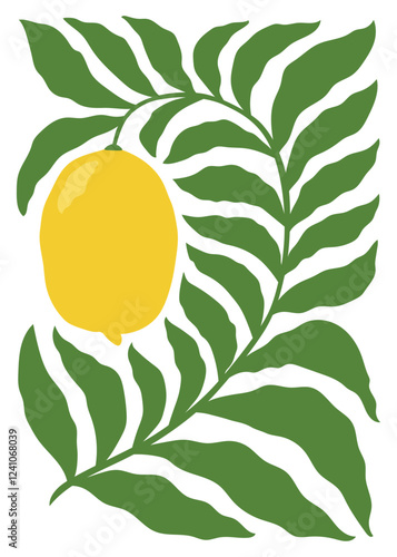 Abstract fruit poster in minimalist style. Modern botanical print with hand drawn lemon and leaves. Isolated vector illustration