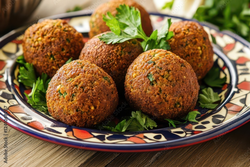 crispy falafel balls nestled on a colorful plate, garnished with spices and fresh herbs, mouthwatering presentation that tempts the taste buds and celebrates culinary delight crispy falafel balls nestled on a colorful plate, garnished with spices and fresh herbs, mouthwatering presentation that tempts the taste buds and celebrates culinary delight