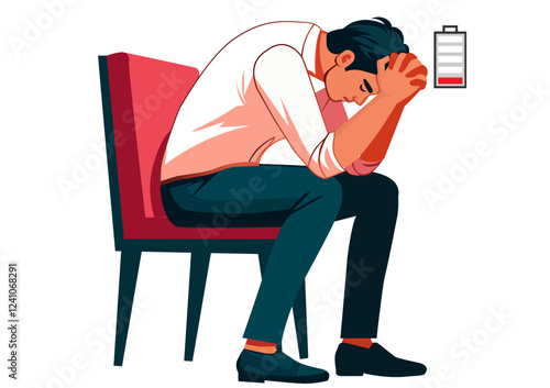 Illustration of an overworked businessman under stress and having a headache The energy inside is gone.