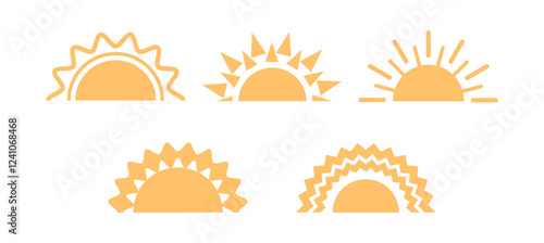 Sun icon set with straight and wavy beams, isolated sunshine, sunrise or sunset. Vector decorative circle full and half daystar and sunlight. Source of solar energy. Brightness and positivity symbol