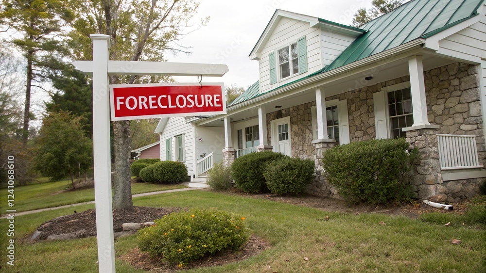 Naklejka premium Foreclosure Sign in Front of House Residential Property Loss and Financial Crisis