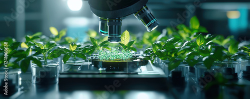 Close up of bioengineered plant cells under microscope, showcasing growth
