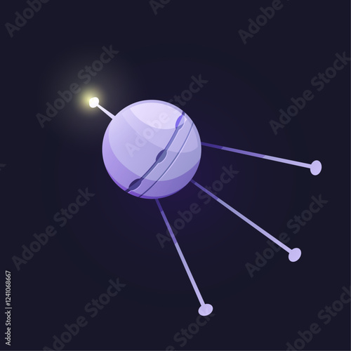 Spacecraft in cosmos, isolated space artificial satellite with signal light. Vector sphere shaped shuttle placed on orbit around celestial body. Connection and network, gps service provision