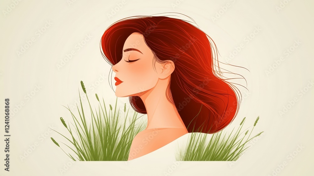Naklejka premium Stunning redhead woman with flowing long hair posing gracefully in field of green grass