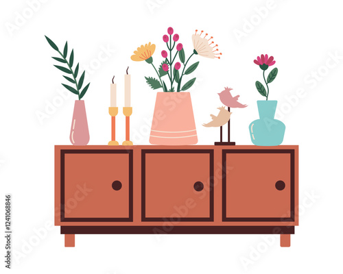 Wooden chest of drawers vases with flowers on it, candles and figurines