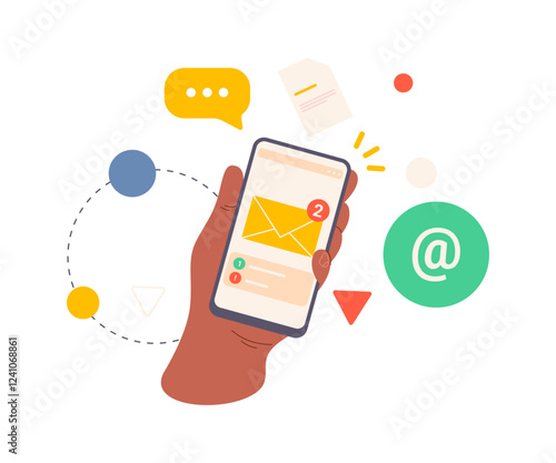 Smartphone screen with unread message notification, flat cartoon vector illustration. Isolated hand holding mobile phone showing application for chatting and dialog, messengers communication