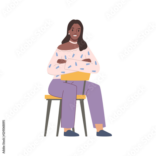 Smiling positive woman sitting on chair. Vector flat cartoon character, isolated female personage with cheerful expression, talking or communicating. Comfortable pose of girl during talk
