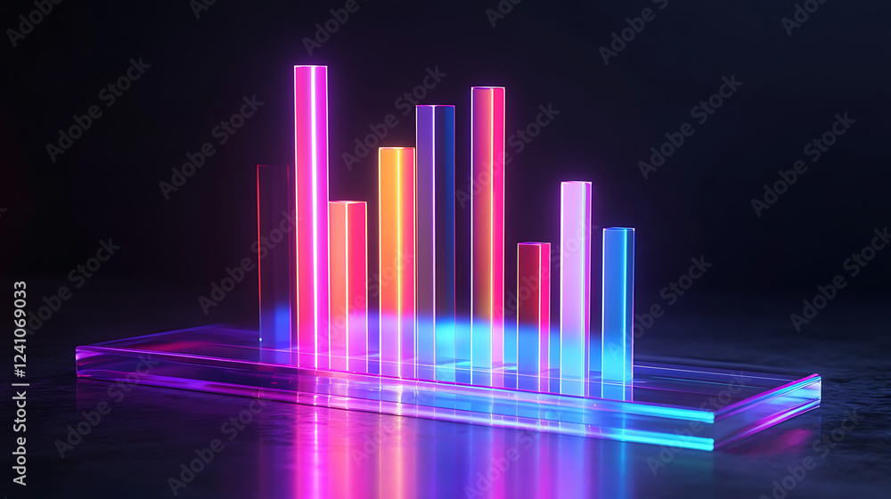 A vibrant, glowing bar graph made of colorful neon lights against a dark background, representing data visualization. A vibrant, glowing bar graph made of colorful neon lights against a dark background, representing data visualization.