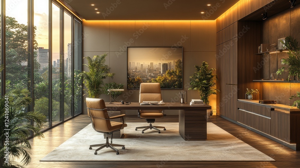 Fototapeta premium A sophisticated office with mocha walls, walnut wood furniture, beige leather chairs, soft glowing lights, and green plant accents for a warm and elegant workspace 