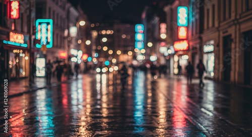 Wallpaper Mural A bustling city street at night with colorful lights and reflections on wet pavement. Torontodigital.ca