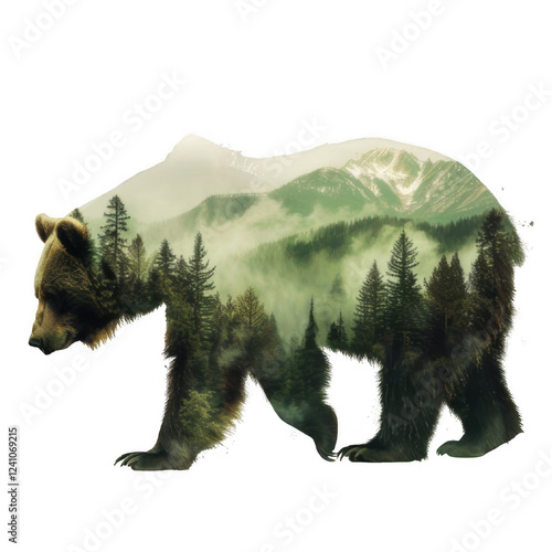 An artistic rendering of a bear in 2D, its silhouette blending into the lush green forest and distant mountain range shrouded in fog.