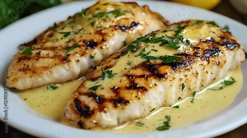Juicy grilled fish fillets garnished with fresh parsley and drizzled with creamy lemon butter sauce on a plate.