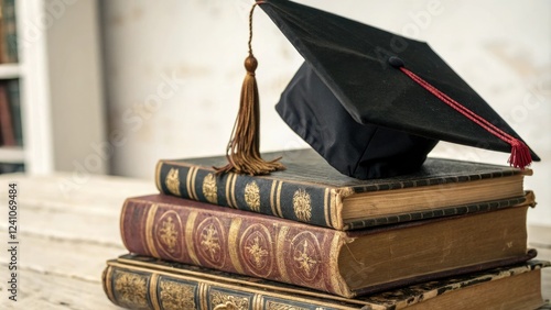 An old graduation cap rests on top of a stack of vintage books with intricate binding, leather-bound, book collector, studious pursuits, personal library, vintage