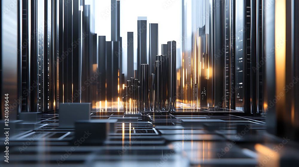 Fototapeta premium A futuristic cityscape with tall metallic structures reflecting light, creating a mesmerizing urban environment.