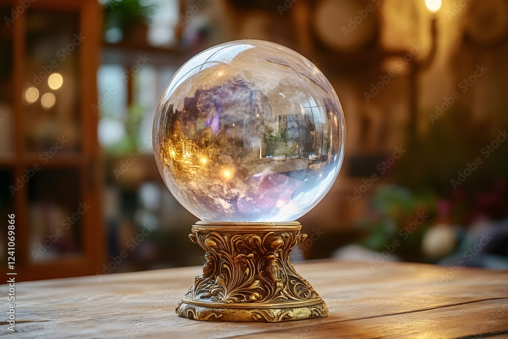 Crystal ball reflecting warm lights sitting on an elegant pedestal in a vintage room Crystal ball reflecting warm lights sitting on an elegant pedestal in a vintage room