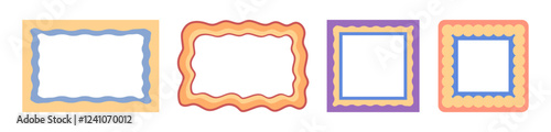Wave scalloped edge frames. Vector isolated wavy doodle borders with copy space, empty posters or banners. Social media templates, funky or hippie colored geometric shapes with curvy lines