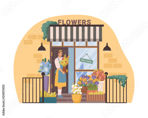 Welcome to flower shop with assortment of bouquets and compositions. Vector isolated seller or owner with flora, florist store facade or exterior with potted plants and botany adornment