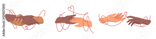 Promise to marry, people tied with red string. Vector couple in love, building connection and devotion. Romantic feelings and emotions, deep affection. Boyfriend and girlfriend on date holding hands
