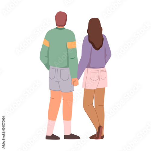 Boyfriend and girlfriend hold hands and walking. Vector flat cartoon character, isolated man and woman on date, couple back. View from behind of girl and boy strolling, romantic evening