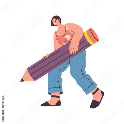 Woman learning with big pencil stationery tool, studying or learning girl with writing pen. Flat vector pupil or student with pen, artist or painter ready to draw. Worker or employer with pencil