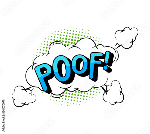 Poof sound effect for comic books, isolated sticker or icon with clouds and polka dot. Vector expression of sudden disappearance, word lettering phase for noise and action showing on drawing