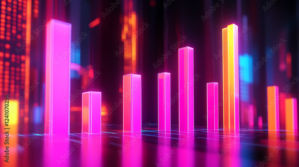 A vibrant digital visualization of bar graphs in neon colors, representing data trends with a futuristic aesthetic. A vibrant digital visualization of bar graphs in neon colors, representing data trends with a futuristic aesthetic.