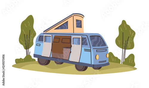 Caravan for long trips, isolated camper car with place to sleep. Vector isolated automobile for passengers and travelers. Trailer auto on nature, trailer life with comfort and convenience