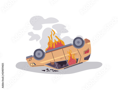 Burning car turned upside down. Vector isolated traffic accident and damage to transport, flames and fire in auto. Vehicle damaged and crushed with broken window. Dangerous situation on road