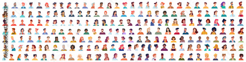 Portraits of people in front, full face and profile side view. Vector personages of different nationalities, religious classes and social statuses. Isolated avatars icons of cartoon characters