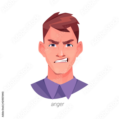 Anger facial expression of man personage frowning brows and showing teeth. Vector isolated flat cartoon character, emotion of annoyance, displeasure or hostility. Hostile attitude, face of guy