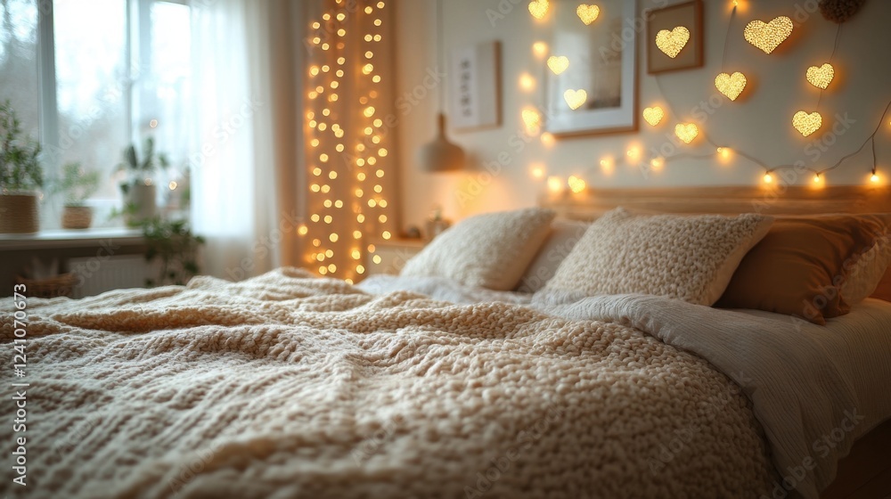 Heart-shaped fairy lights glowing on a bedroom wall