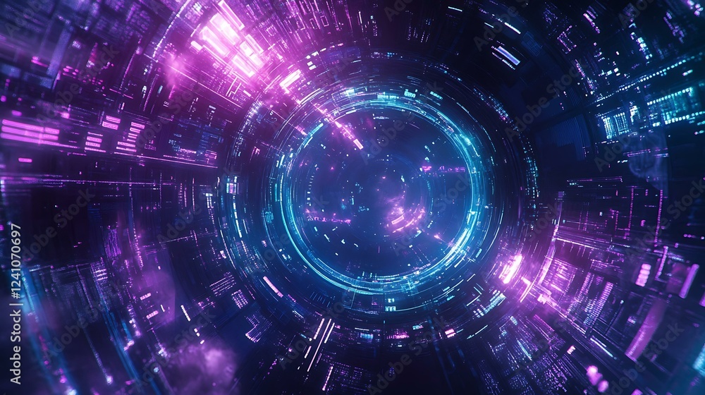 Fototapeta premium A luminous neon frame in electric blue and purple, creating a futuristic digital interface effect.