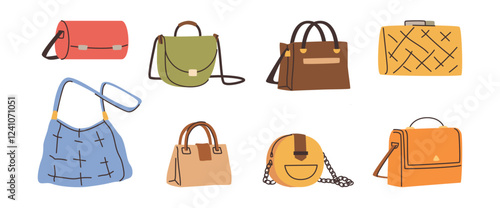 Fashion items from boutiques, isolated stylish women purses and bags with handles. Vector shops and stores assortment of products and accessories for ladies, leather and textile material