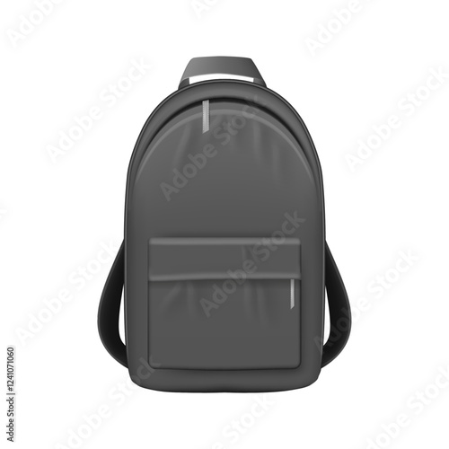 Rucksack for traveling or school. Vector isolated realistic casual style black bag for personal belongings. Sack with shoulder straps and handle, pocket and zippers. Textile or leather satchel