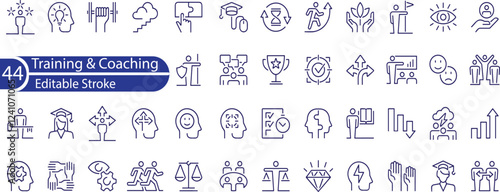 Training and Coaching Line Editable Icons set . skills, lector, advise, support, and other