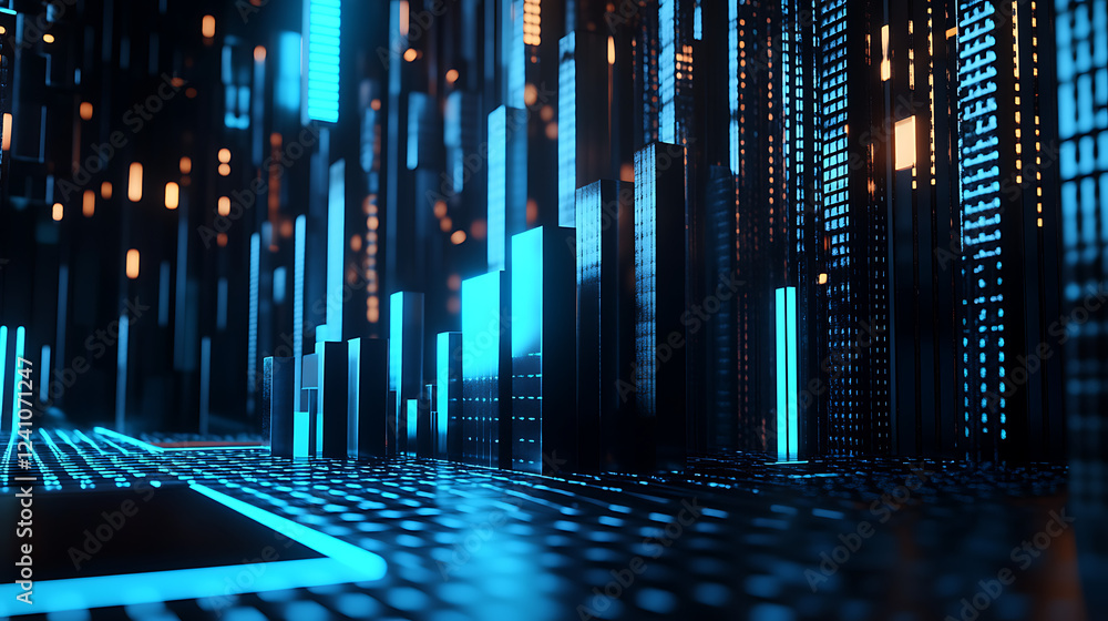 A futuristic digital landscape featuring glowing blue structures and a grid-like floor, evoking a sense of advanced technology and cyber aesthetics. A futuristic digital landscape featuring glowing blue structures and a grid-like floor, evoking a sense of advanced technology and cyber aesthetics.