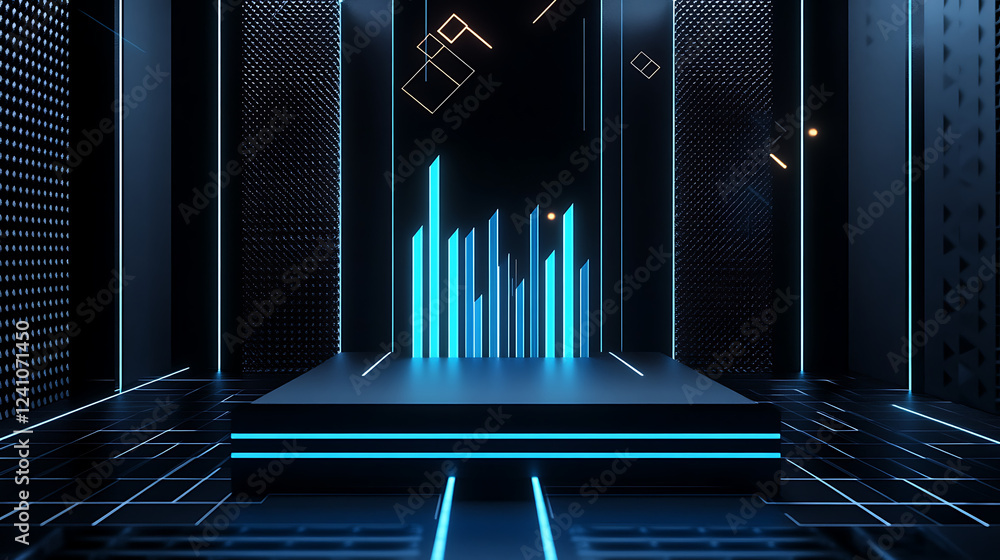 Fototapeta premium A futuristic digital display featuring blue bars on a platform, set against a dark, high-tech background with geometric shapes.
