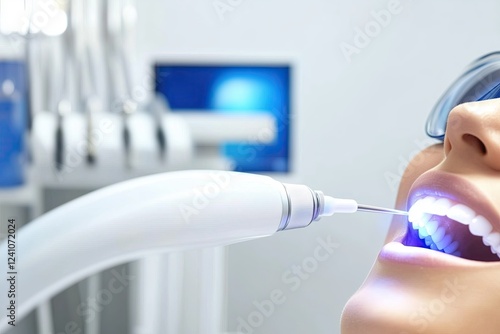 Close-up of a female patient undergoing a dental laser whitening procedure at a modern dental clinic.

