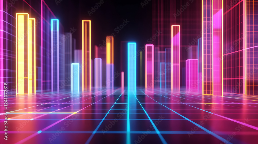 A vibrant digital landscape featuring colorful, glowing vertical bars against a dark background, evoking a futuristic and technological aesthetic. A vibrant digital landscape featuring colorful, glowing vertical bars against a dark background, evoking a futuristic and technological aesthetic.