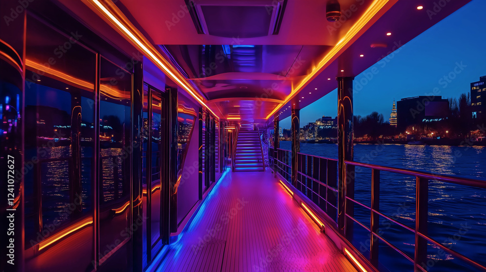 Fototapeta premium Luxury Evening Cruise on a Colorful River with Illuminated Architecture and Scenic City Skyline