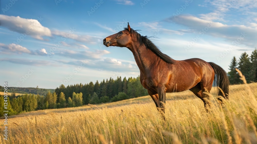 Bay Horse Standing in a Golden Field at Sunset with Forest in Background Bay Horse Standing in a Golden Field at Sunset with Forest in Background