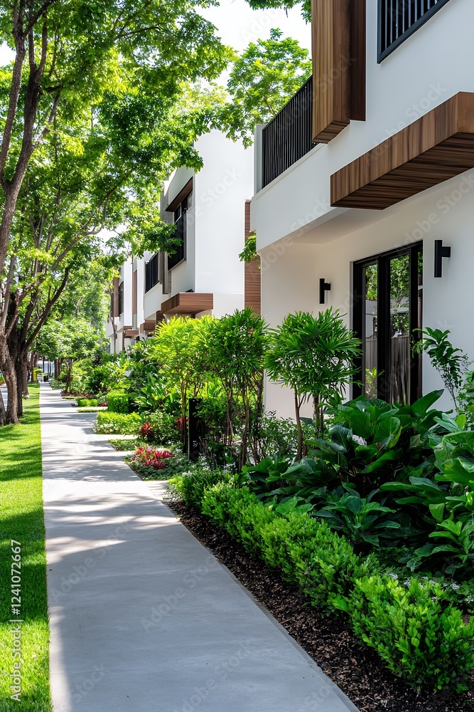 Fototapeta premium Modern Homes and Lush Greenery in a Peaceful Residential Area