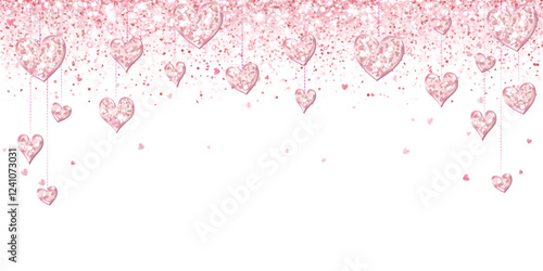 Pink glitter hearts decoration. Valentines day frame, border. Wedding string ornaments isolated. Mothers day garland. Transparent background in vector file.