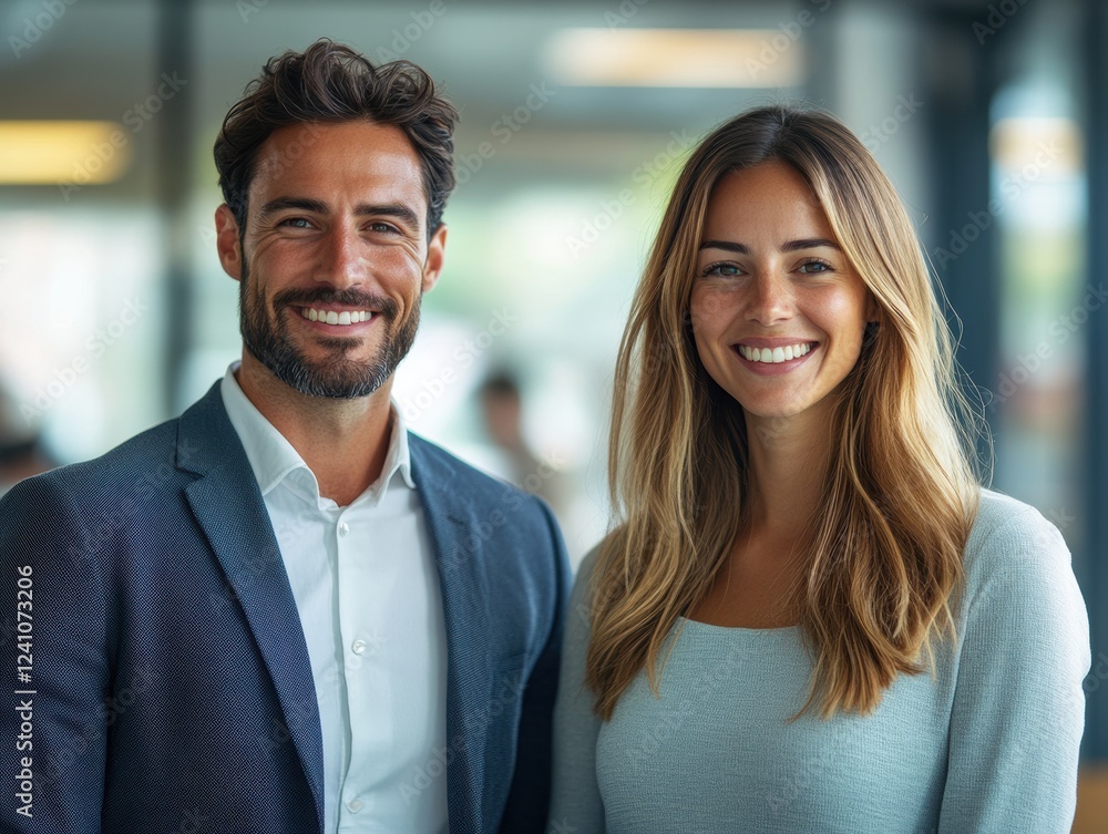 full body shot of smiling of businesswoman and businessman with blurred office background. full body shot of smiling of businesswoman and businessman with blurred office background.