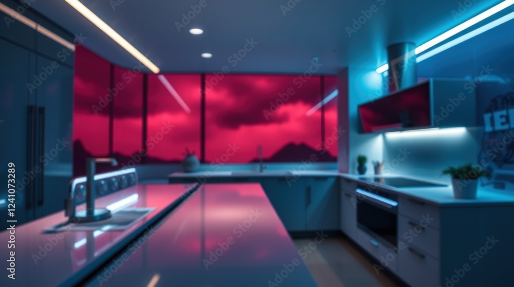 A blurred bokeh effect is used to show a sleek, futuristic kitchen with voice-activated appliances, LED countertops, and smart lighting. A sophisticated atmosphere is created by intensely dramatic wea A blurred bokeh effect is used to show a sleek, futuristic kitchen with voice-activated appliances, LED countertops, and smart lighting. A sophisticated atmosphere is created by intensely dramatic wea